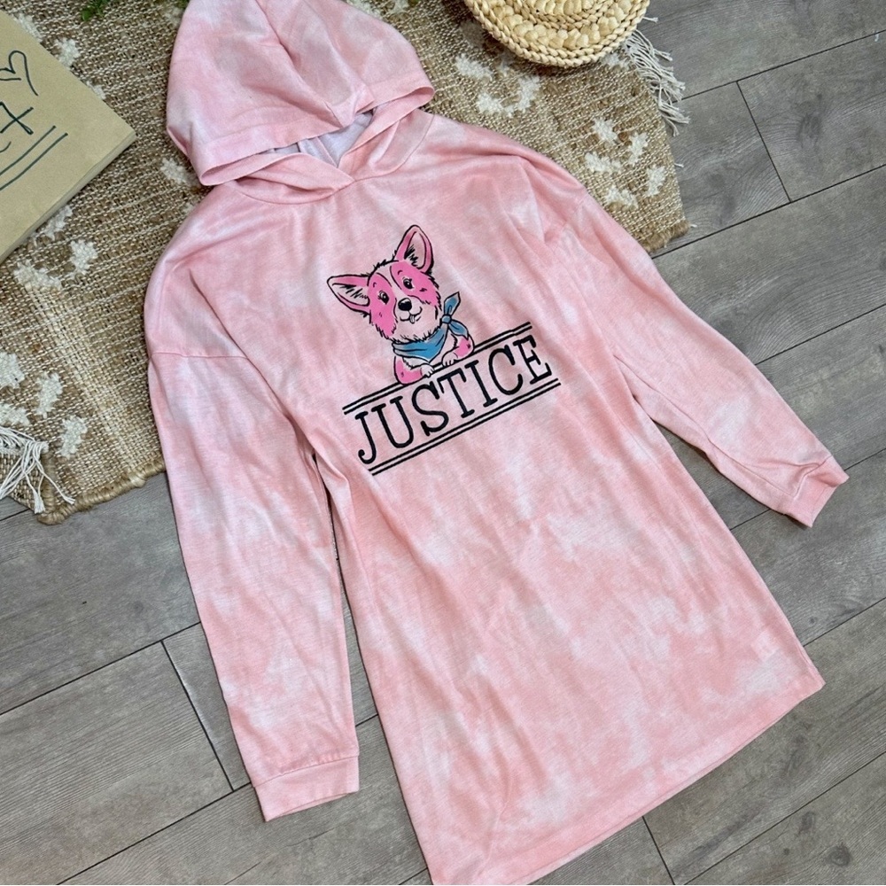Justice Girls Hoodie Nightgown Pink With Dog Sleep Pajamas Size XL